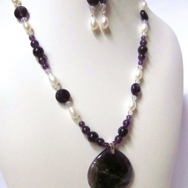 Dark Purple Amethyst Necklace/Pendant Accented with Freshwater White Pearls and Swarovski Crystals, OOAK, February Birthstone, Elegant