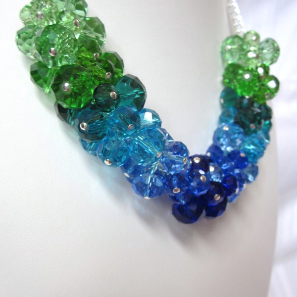 Crystal Creations Cluster Necklace -Shades of Blue and Green Crystal Rondelles - Chunky, Choker, Bib, Bridal, Wedding, Prom, Formals and Fun