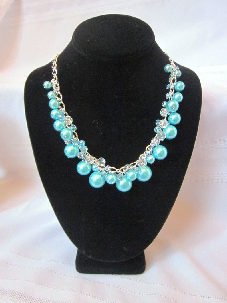 Pearl and Crystal Cluster Necklace Terrific Turquoise Color Chunky, Choker, Bib, Necklace, Wedding, Bridal, Bridesmaid image 3