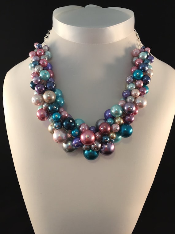 Multi-color Rainbow Pearl Cluster Necklace - Custom, Made to