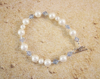 Bridal Bracelet, Sterling Silver Bracelet, White Shell Pearls and Crystals, Bride, Bridesmaid, Prom, Pageant, Party, Wedding, SRAJD