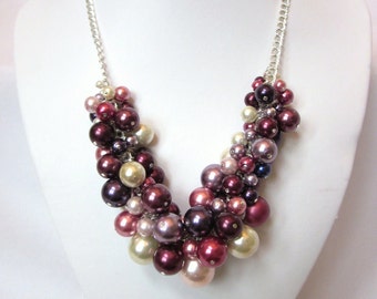 Pearl Cluster Necklace in Shades of Rose and Violet - Chunky, Choker, Bib, Necklace, Wedding, Bridal, Bridesmaid