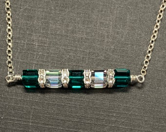 Crystal Cube Bar sterling Silver Necklace with Swarovski Cubes