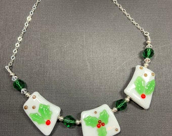 Holly and Berries - Artisan  Lampwork and Swarovski Crystal Necklace - One of a Kind, SRAJD