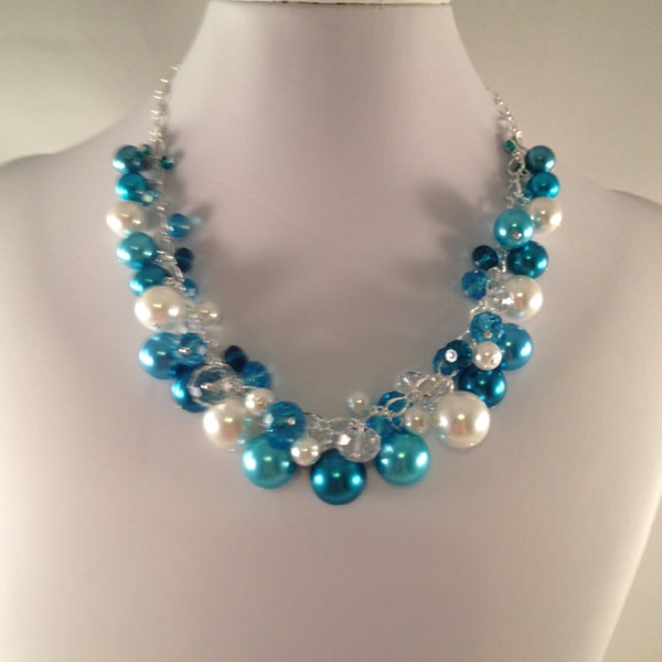 Pearl and Crystal Cluster Necklace (Medium) - Terrific Turquoise and Blues - Chunky, Choker, Bib, Necklace, Wedding, Bridal, Bridesmaid