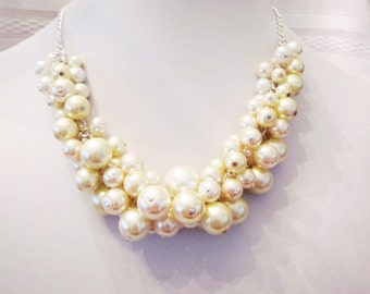 Shades of Light -Pearl Cluster Necklace in White, Cream and Ivory - Chunky, Choker, Bib, Necklace, Wedding, Bridal, Bridesmaid, Prom, OOAK