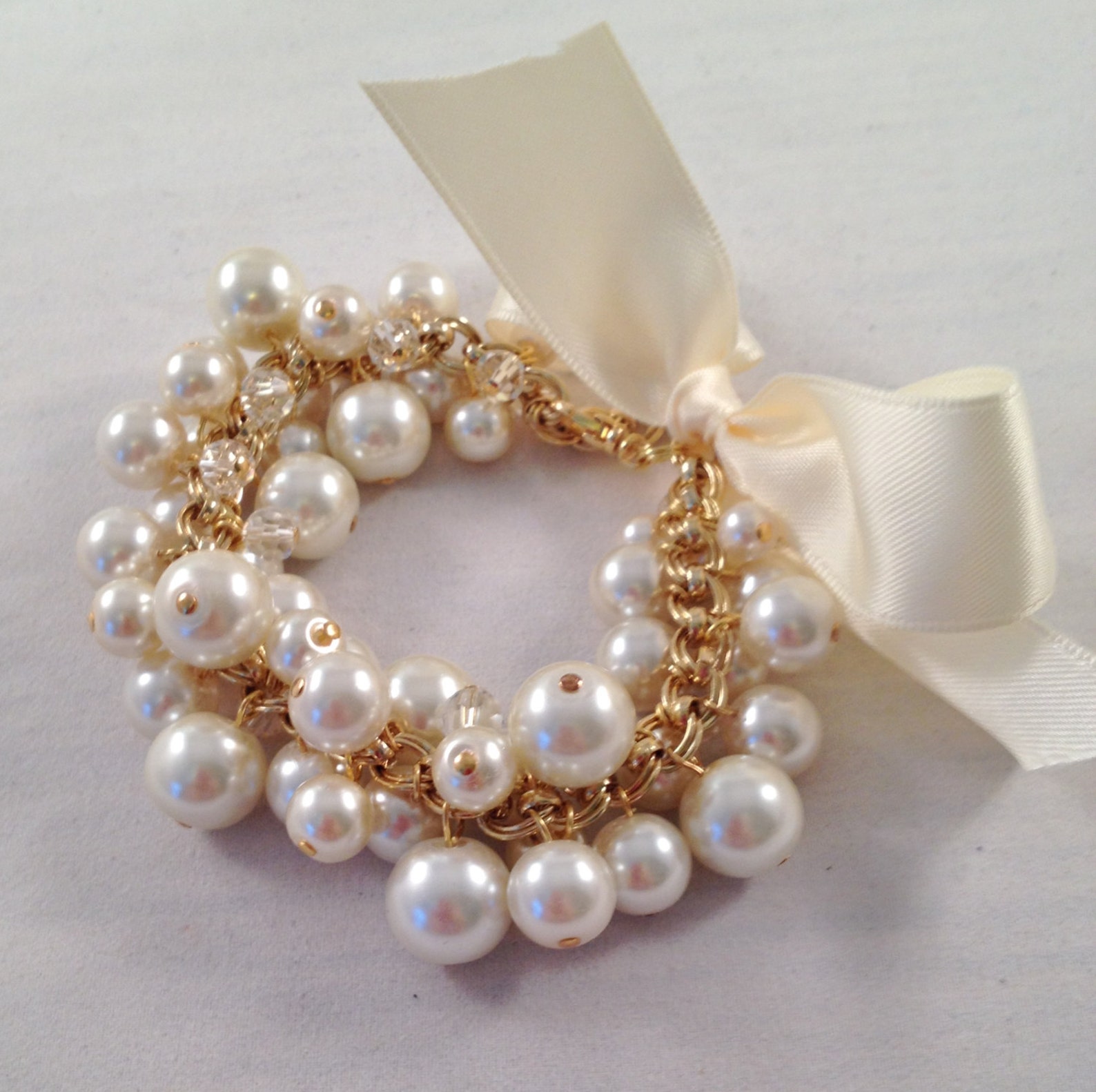 Ribbons and Pearls Cluster Bracelet Chunky Satin Pearls Etsy