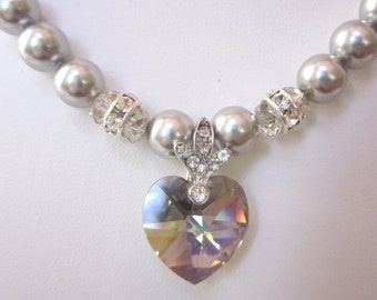 Swarovski Pearl and Crystal Necklace - Light Gray Swarovski Pearls and 18mm Black Diamond Heart - Wedding, Brides, Bridesmaids, Proms, SRAJD