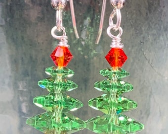 Arbres en cristal à Pérididot, boucles d’oreilles en argent sterling faites avec des perles Swarovski en cristal, Noël, Vacances