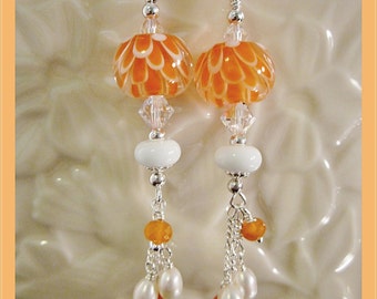 AAA Gemstone and Sterling Silver Earrings - Artisan Lampwork Glass, Fresh Water Pearls, Unique, One of a Kind, Orange and White, SRAJD, OOAK