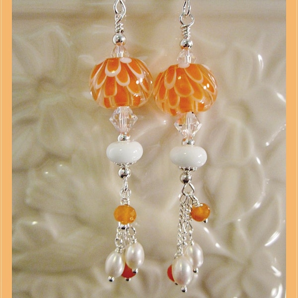 AAA Gemstone and Sterling Silver Earrings - Artisan Lampwork Glass, Fresh Water Pearls, Unique, One of a Kind, Orange and White, SRAJD, OOAK
