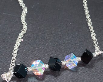 Crystal Dice/ Diagonal Cube Bar Sterling Silver Necklace with Swarovski