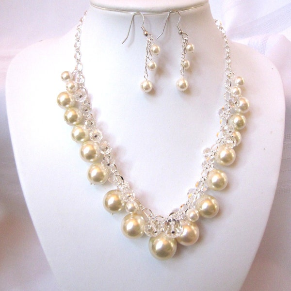 Ivory Pearl and Crystal Cluster Necklace -  Chunky, Choker, Bib, Necklace, Wedding, Bridal, Bridesmaid