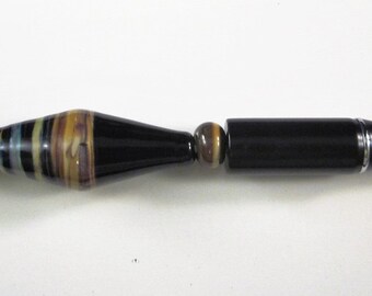 Handcrafted Lampwork Beaded Ballpoint Pen: Black & Brown Swirls