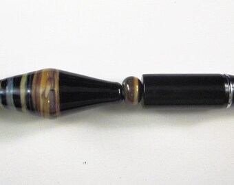 Black and Brown Swirls Lampwork, Beaded, Ballpoint Pen, Artisan Crafted, One of a Kind, SRAJD, Hand Crafted Glass, OOAK, Black Pen