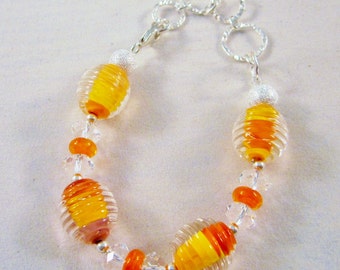 Shades of Orange Sterling Silver Bracelet - Artisan Crafted Lampwork Glass Beads, Unique, OOAK, SRAJD, Ready to Ship