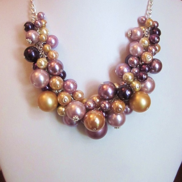 Pearl Cluster Necklace  in Shades of Purple And Gold- Chunky, Choker, Bib, Necklace, Wedding, Bridal, Bridesmaid, Bright, Bold