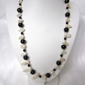 Long Black and White Necklace of Black Glass Beads and White Fresh Water Blister Pearls image 1