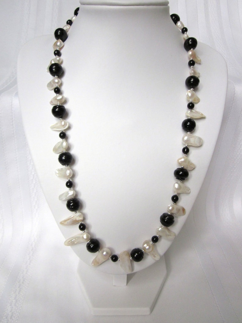 Long Black and White Necklace of Black Glass Beads and White Fresh Water Blister Pearls image 1