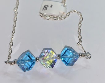 Crystal Dice/ Diagonal Cube Bar Sterling Silver Necklace with Swarovski