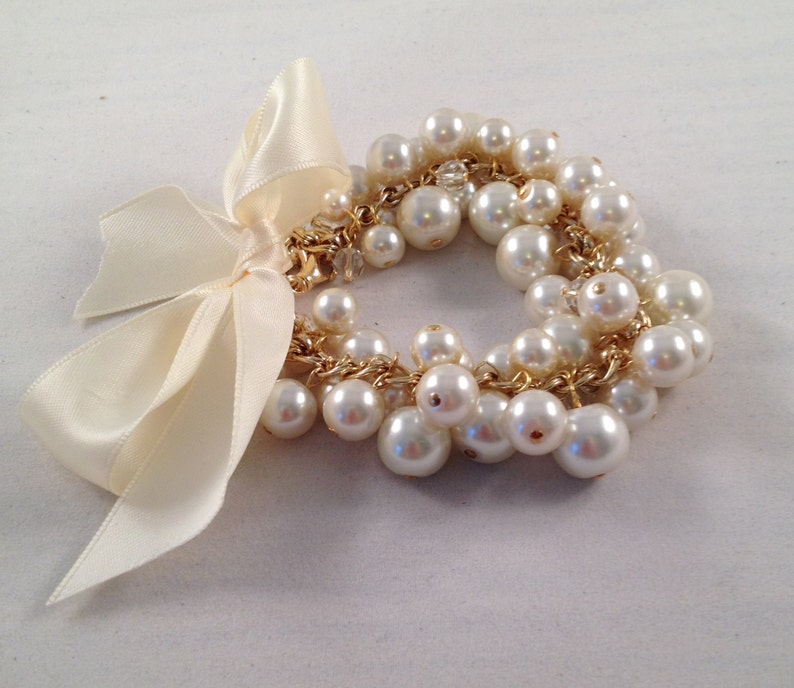 Ribbons and Pearls Cluster Bracelet Chunky Satin Pearls Etsy