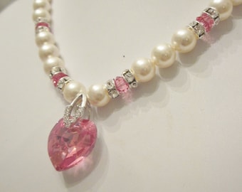 Swarovski Pearl and Crystal Necklace - Swarovski Pearls and Rose Pink Crystal Heart - Weddings, Brides, Bridesmaids
