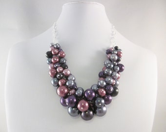 Pearl Cluster Necklace in "Goth Romance" - Chunky, Choker, Bib, Necklace, Wedding, Bridesmaid, Formal, Party Pearls, SRAJD