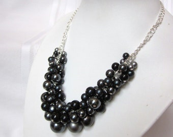 Pearl Cluster Necklace "Shades of Night" -Black, and Dark Gray- Chunky, Choker, Bib, Necklace, Wedding, Bridesmaid, Prom