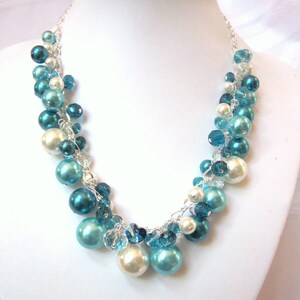 Turquoise / Teal / Ivory Pearl and Crystal Cluster Necklace Chunky, Choker, Bib, Necklace, Wedding, Bridal, Bridesmaid image 3