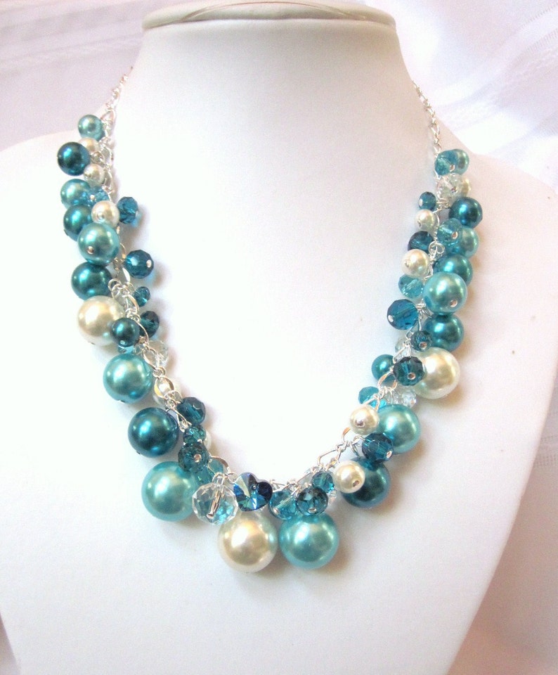 Turquoise / Teal / Ivory Pearl and Crystal Cluster Necklace Chunky, Choker, Bib, Necklace, Wedding, Bridal, Bridesmaid image 3