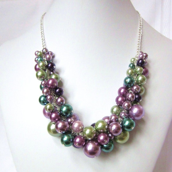 Pearl Cluster Necklace  in Shades of Violet and Green - Chunky, Choker, Bib, Necklace, Wedding, Bridal, Bridesmaid, Bright, Bold