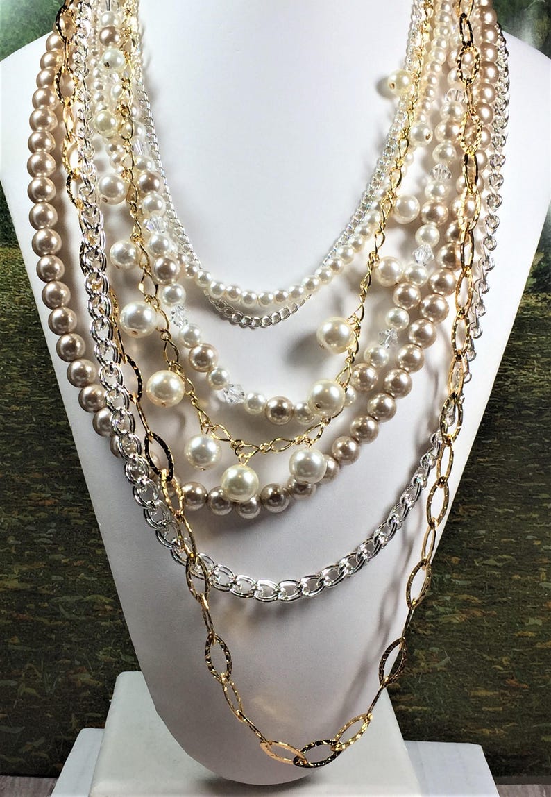 Pearls and Chains Necklace Interchangable Muli Strand Pearl Necklace Pearls, Removable Statement Piece, Custom, Made to Order image 2