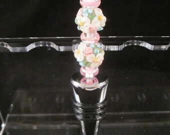 Pink Floral Lampwork Glass Bottle Stopper: Artisan Wine Decor