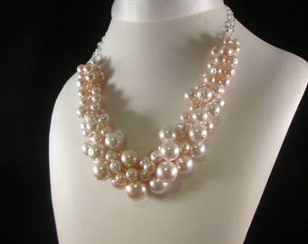 Pearl Cluster Necklace "Peachy"- Chunky, Choker, Bib, ChaCha, Party Pearls, Wedding, Bridesmaid, Prom, SRAJD, Custom