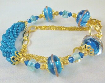 Lampwork Glass Bracelet "Aqua Blue"-  Gold Finished 2-strand bracelet - Handmade, Unique, OOAK, SRAJD