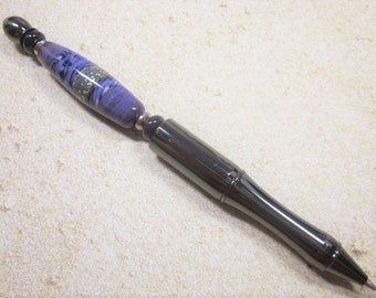 Ballpoint Pen, Gunmetal Gray, Violet Lampwork, Beaded, Artisan Crafted, One of a Kind, SRAJD, Hand Crafted Glass