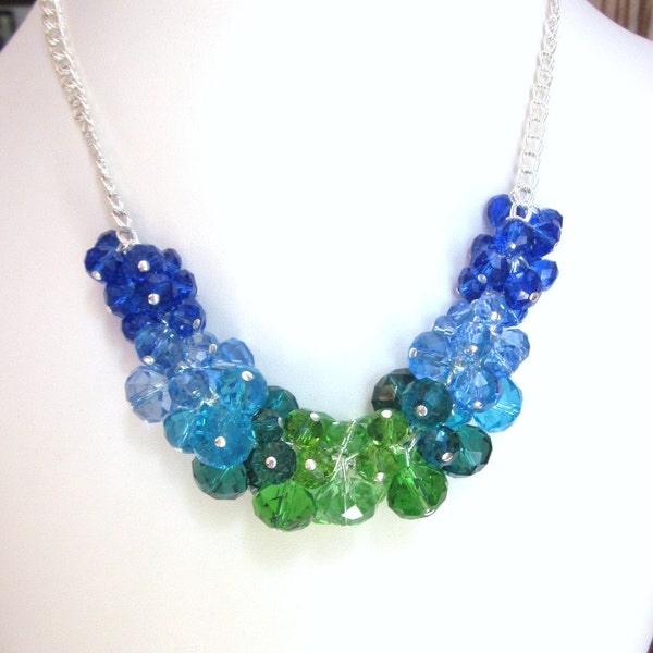 Crystal Creations Cluster Necklace -Shades of Blue and Green Crystal Rondelles - Chunky, Choker, Bib, Bridal, Wedding, Prom, Formals and Fun