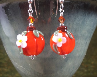 Sweet Pumpkins -Artisan  Lampwork and Swarovski Crystal Earrings - Celebrate Halloween in Style, SRAJD