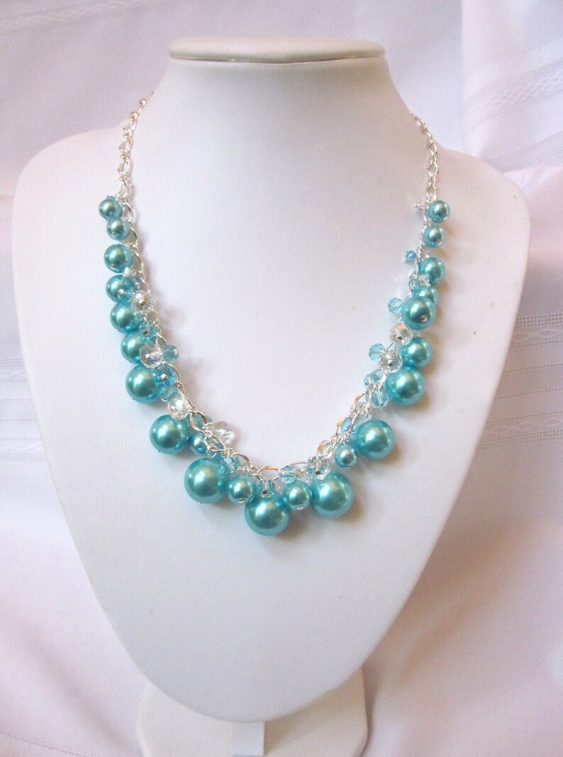 Pearl and Crystal Cluster Necklace Terrific Turquoise Color Chunky, Choker, Bib, Necklace, Wedding, Bridal, Bridesmaid image 4