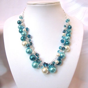 Turquoise / Teal / Ivory Pearl and Crystal Cluster Necklace Chunky, Choker, Bib, Necklace, Wedding, Bridal, Bridesmaid image 1