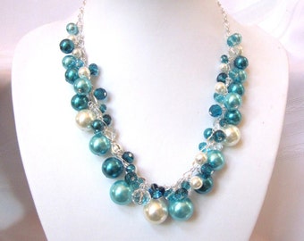 Turquoise / Teal / Ivory Pearl and Crystal Cluster Necklace - Chunky, Choker, Bib, Necklace, Wedding, Bridal, Bridesmaid