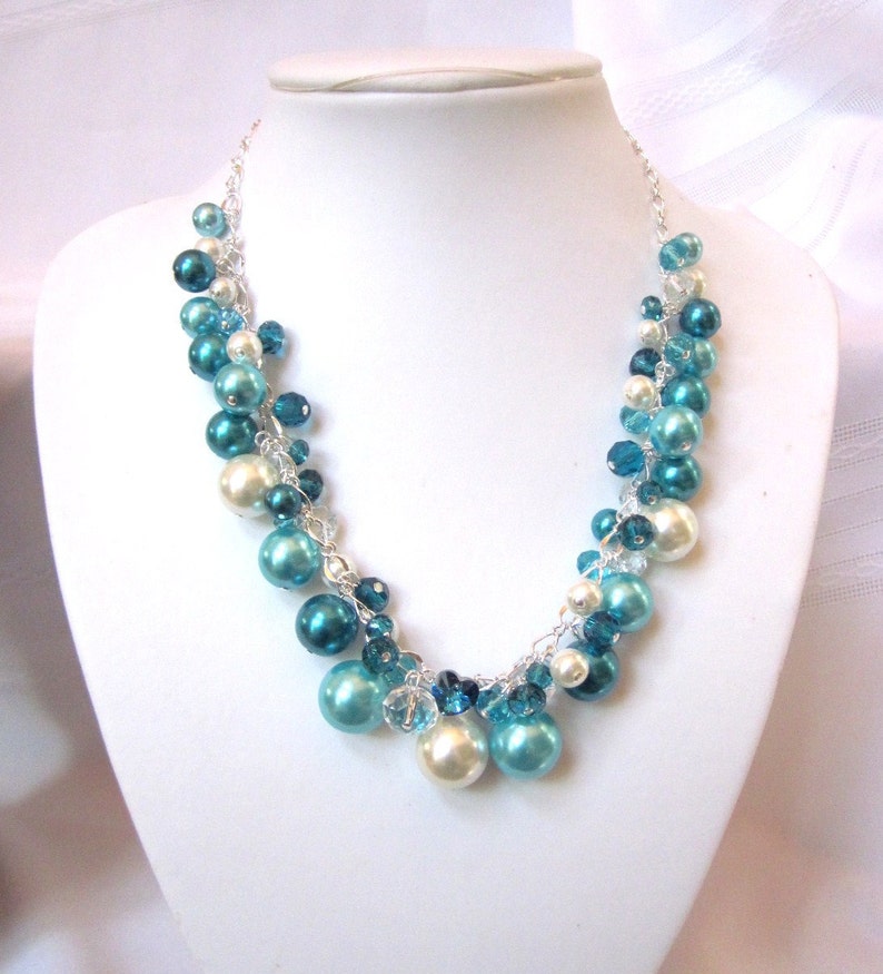 Turquoise / Teal / Ivory Pearl and Crystal Cluster Necklace Chunky, Choker, Bib, Necklace, Wedding, Bridal, Bridesmaid image 1