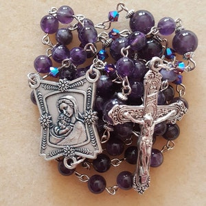 Amethyst Rosary Beads with Austrian Crystals, Mary and Jesus, Madonna and Child