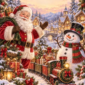 Puede incluir: Una ilustración festiva que muestra a Santa Claus con traje rojo y saco verde, un muñeco de nieve con sombrero de copa negro y bufanda roja y verde, y un tren de juguete que transporta regalos y un oso de peluche en un pueblo nevado.