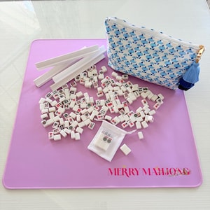 Mahjong Travel Set: Blue Blockprint Bag, Wooden Racks & Dice - Cards Not Included.
