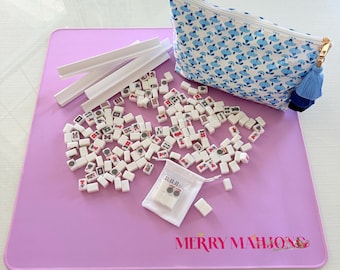 PRESALE -Mahjong Travel Set: Blue Blockprint Bag, Wooden Racks & Dice - Cards Not Included. Shipping Mid May