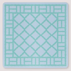 May include: A square light blue textile featuring a repeating mint green bamboo-style lattice pattern. The design includes a solid border of vertical and horizontal bamboo segments framing a central diamond-shaped grid pattern across the surface.