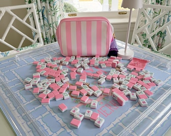 Lot Mah Jong Vintage Années 60 - Triple Couche Rose Lucite - 148 Tuiles + Dés Et Règles