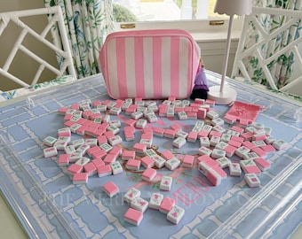PRESALE - Cabana Pink Mahjong Set – American Melamine Tiles, Racks & Striped Bag - New Pastel Palette! Ships in 4-5 weeks.