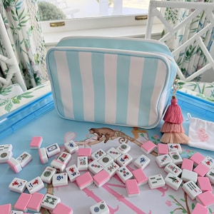 Cabana Pink Mahjong Set – Melamine American Mahjong with Racks, Dice, and Striped Bag